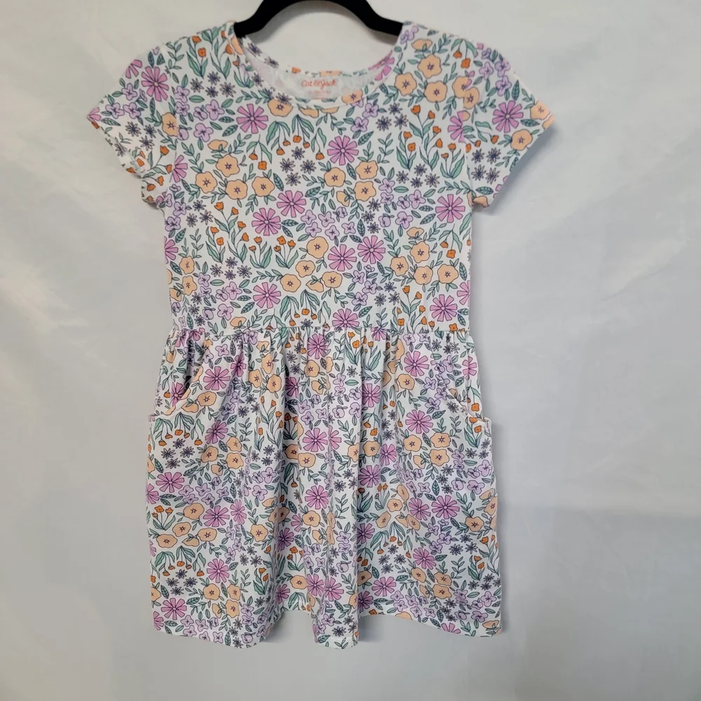 Cat & Jack Floral Girls 10/12 Plus Dress - Purple and Orange Wirh Pockets